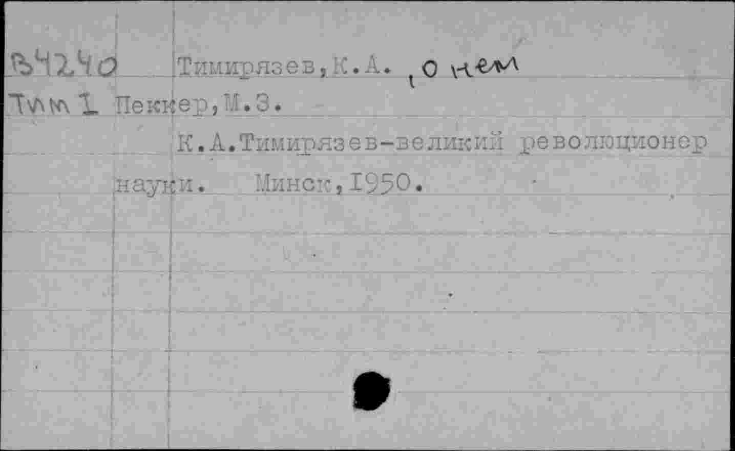 ﻿Тимирязев, А А. уЛ’СлА
Л'Л 1. Пе ккер, М. 3.
К.А.Тимирязев-ве линий революционер науки. ’Динок, 1950.